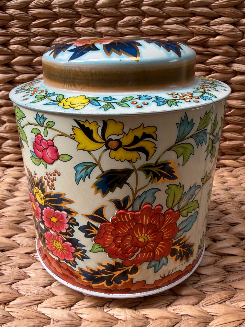 Vintage 70’s DAHER England Floral Tin Canister Embossed Flowers Folk Art Storage